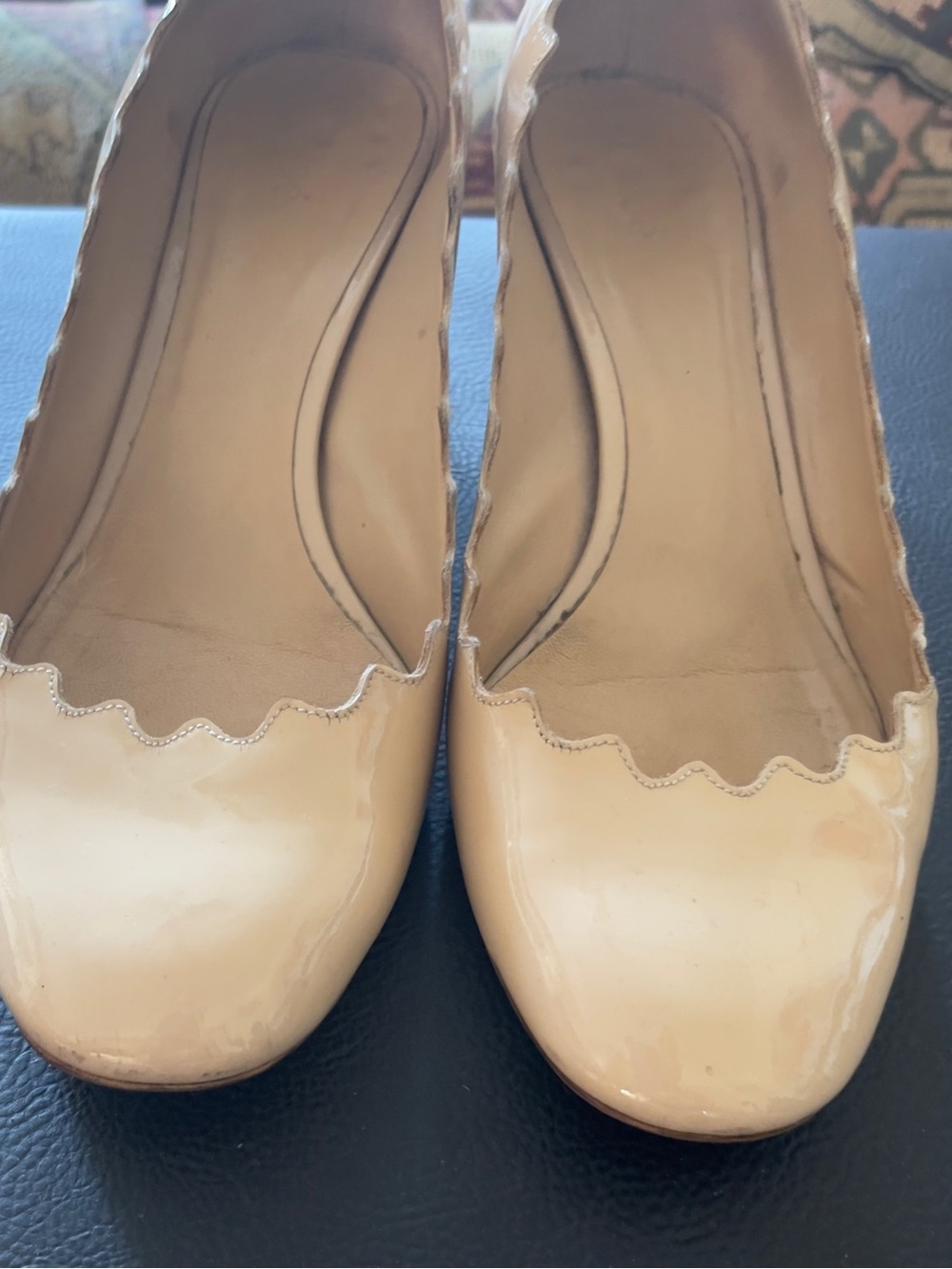 Chloe Lauren Scalloped Block Heel Neutral Patent Leather Pumps, Size 37.5